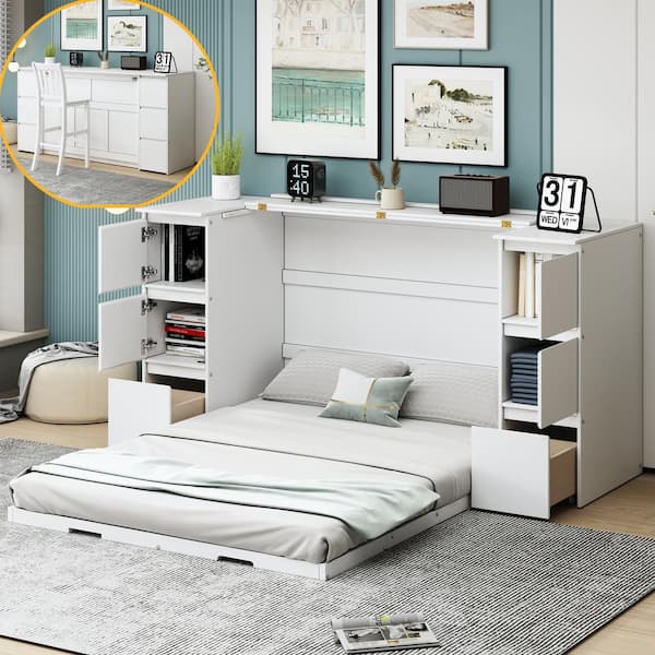 White Wood Frame Full Size Murphy Bed with Drawer, Cabinets, High Stools and USB Ports