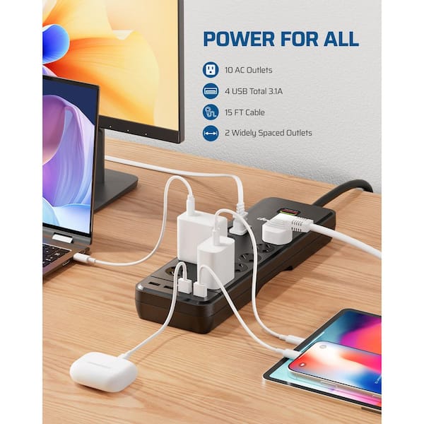 15 ft. 10-Outlet Surge Protector Power Strip with 4-USB Ports, 2480 J, Black