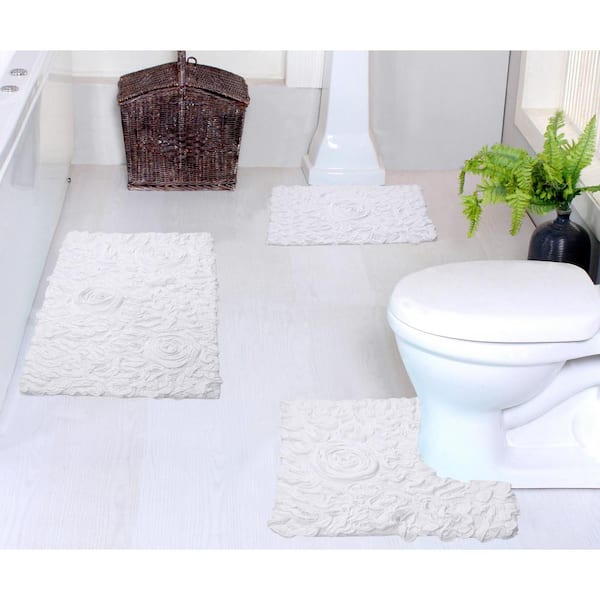 Bell Flower Collection 100% Cotton Tufted Bath Rug, 3-Pcs Set with Contour-White