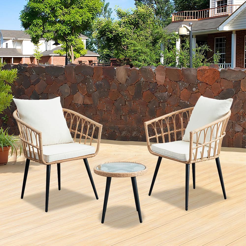 Beige Yellow 3-Piece Wicker Outdoor Patio Conversation Set with 2 Chairs, 1