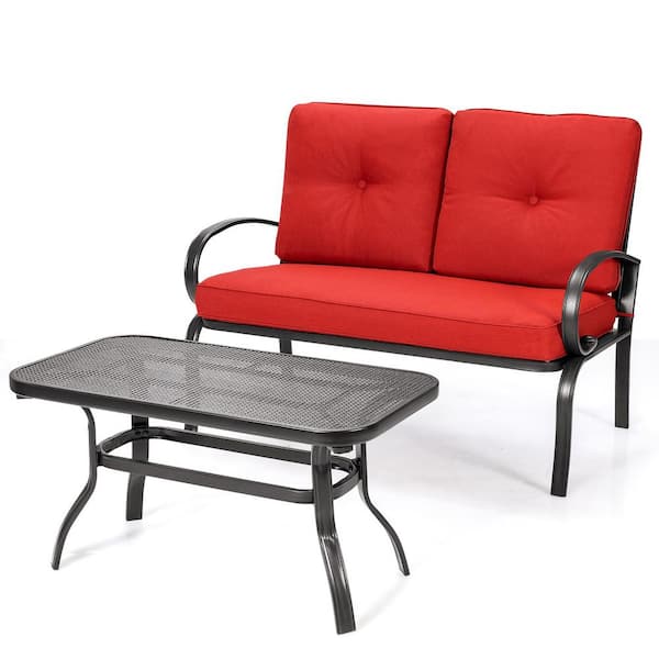 ANGELES HOME Modern Patio Outdoor Loveseat Table Set with 4 in. Red Cushion