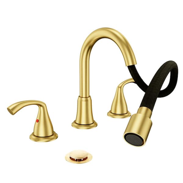 Brushed Gold Farmhouse Rotatable Bath Faucet-8 in. Widespread 3-Hole with Pull-Out Sprayer, Lead-Free Stainless Steel