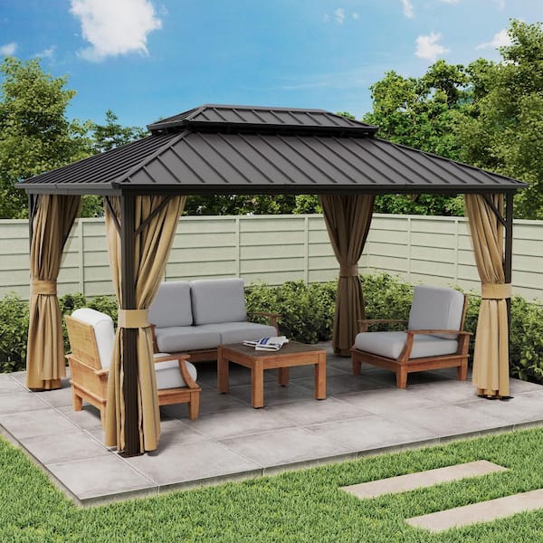 10 ft. x 14 ft. Outdoor Gazebo Double Galvanized Steel Roof, Ceiling Hook, Mosquito Netting and Curtains