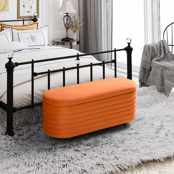 WESTINFURNITURE Farrah 42 in. Wide Oval Velvet Upholstered Entryway Flip Top Storage Bedroom Accent Bench in Orange