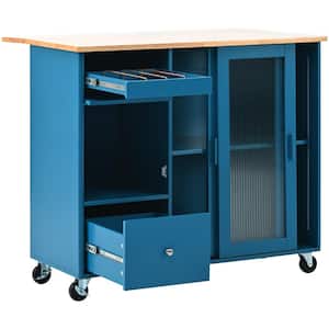 Navy Blue Wood 44 in. LED Light Drop Leaf Kitchen Cart Island with 2-Fluted Glass Door, Adjustable Shelf and 2 Drawers