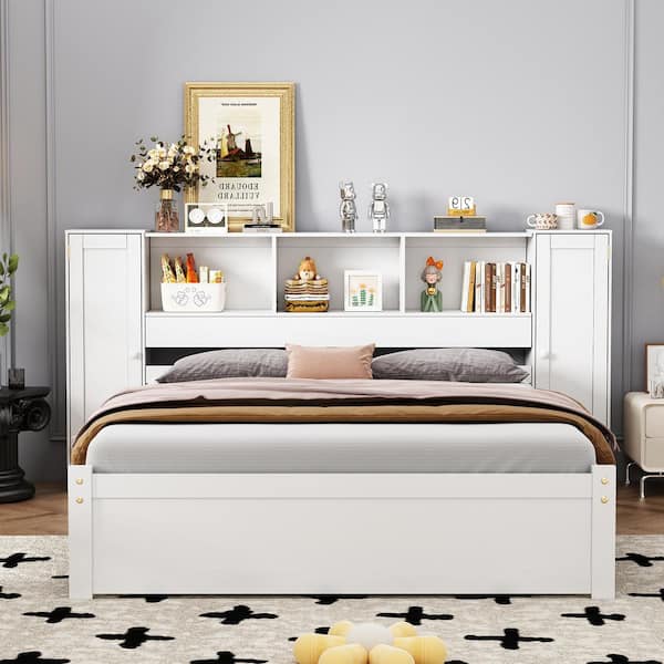 Qualler White Wood Frame Full Size Platform Bed with Storage Headboard and Lockers