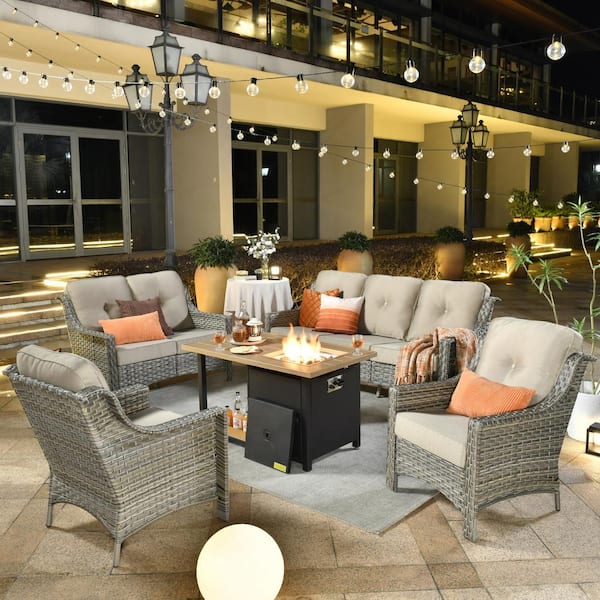 XIZZI Crius Gray 5-Piece Wicker Patio Rectangular Fire Pit Set with Beige Cushions