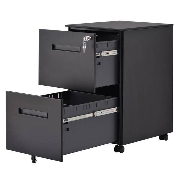 Black & Grey Metal 2 Drawer Filing Cabinet Pedestal on wheels Lockable with Key 