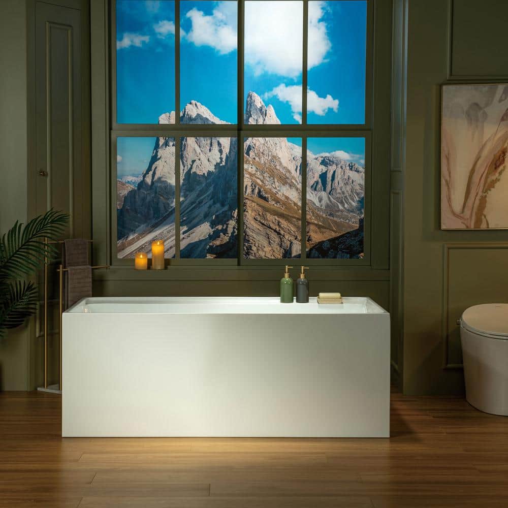 59-Inch White Acrylic Rectangular Freestanding Soaking Bathtub
