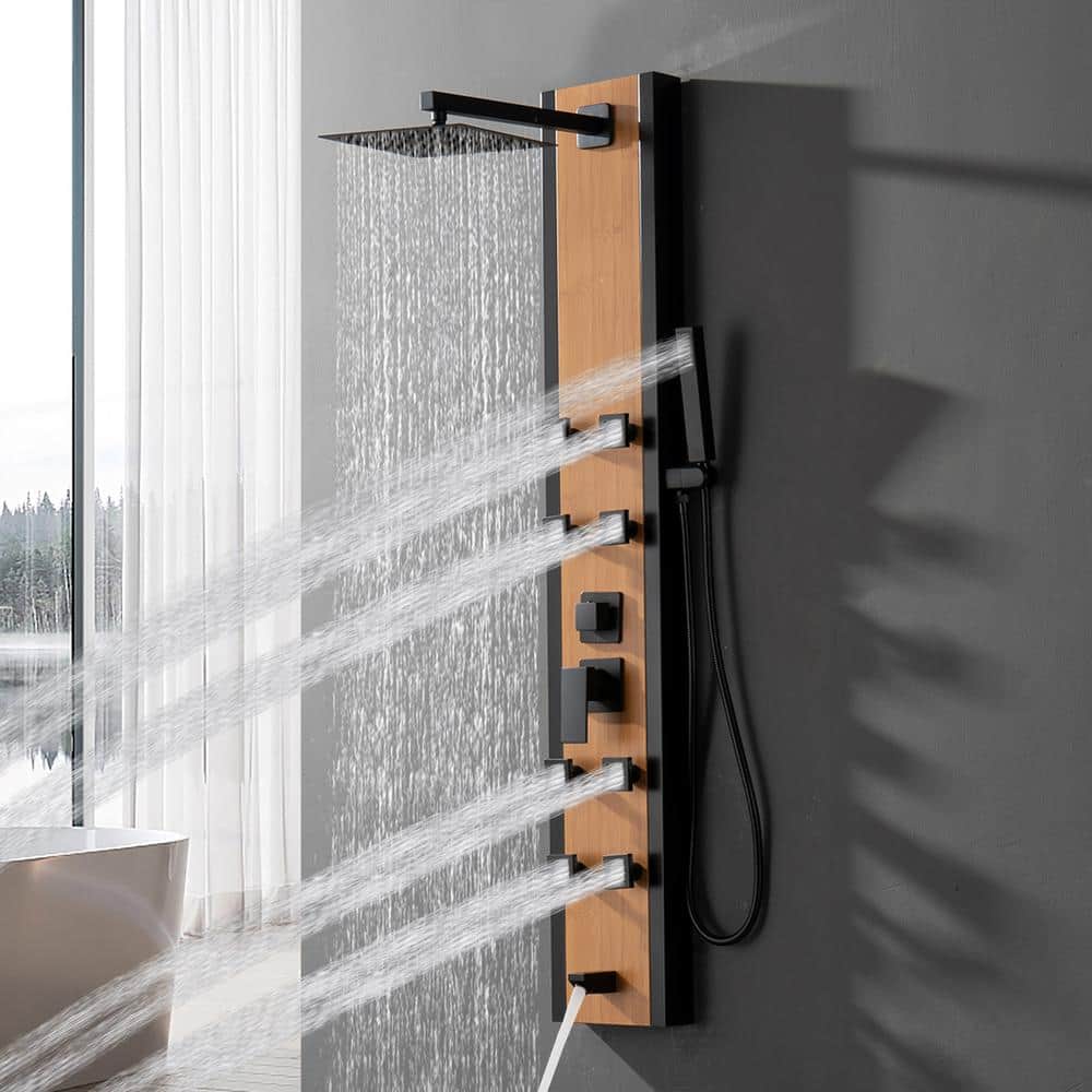 57'' Black and Bamboo Shower Panel System with Body Jets
