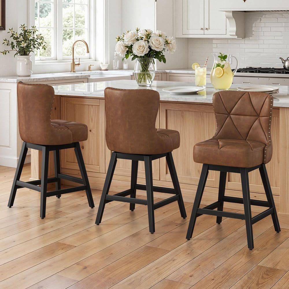 Zolar 26 in. Brown Faux Leather Swivel Bar Stool Metal Leg Upholstered Nailhead Trim Bar Chair (set of 3) price history on PriceWatchPro