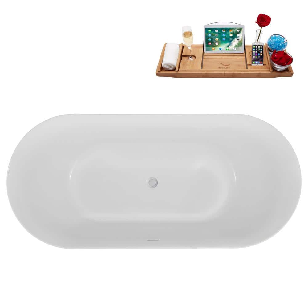 59" Glossy White Acrylic Freestanding Soaking Tub with Tray