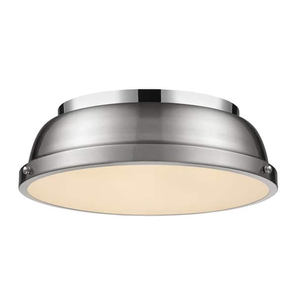 Duncan 14 in. 2-Light Chrome Flush Mount with a Pewter Shade