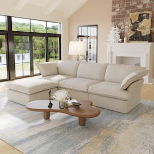 123 in. Square Arm 3-Piece Linen L-Shaped Sectional Sofa in Beige with Removable Covers