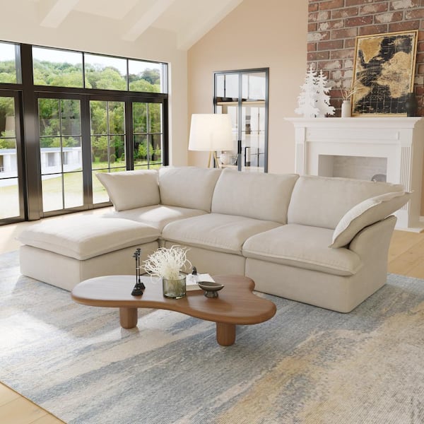 J&E Home 123 in. Square Arm 3-Piece Linen L-Shaped Sectional Sofa in Beige with Removable Covers