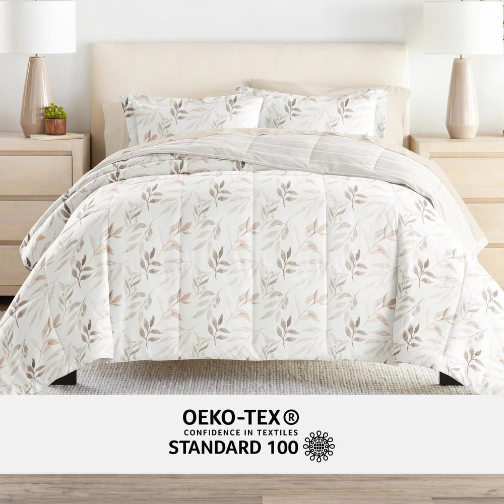 Ivory Floral Queen Microfiber Reversible Bedding Set