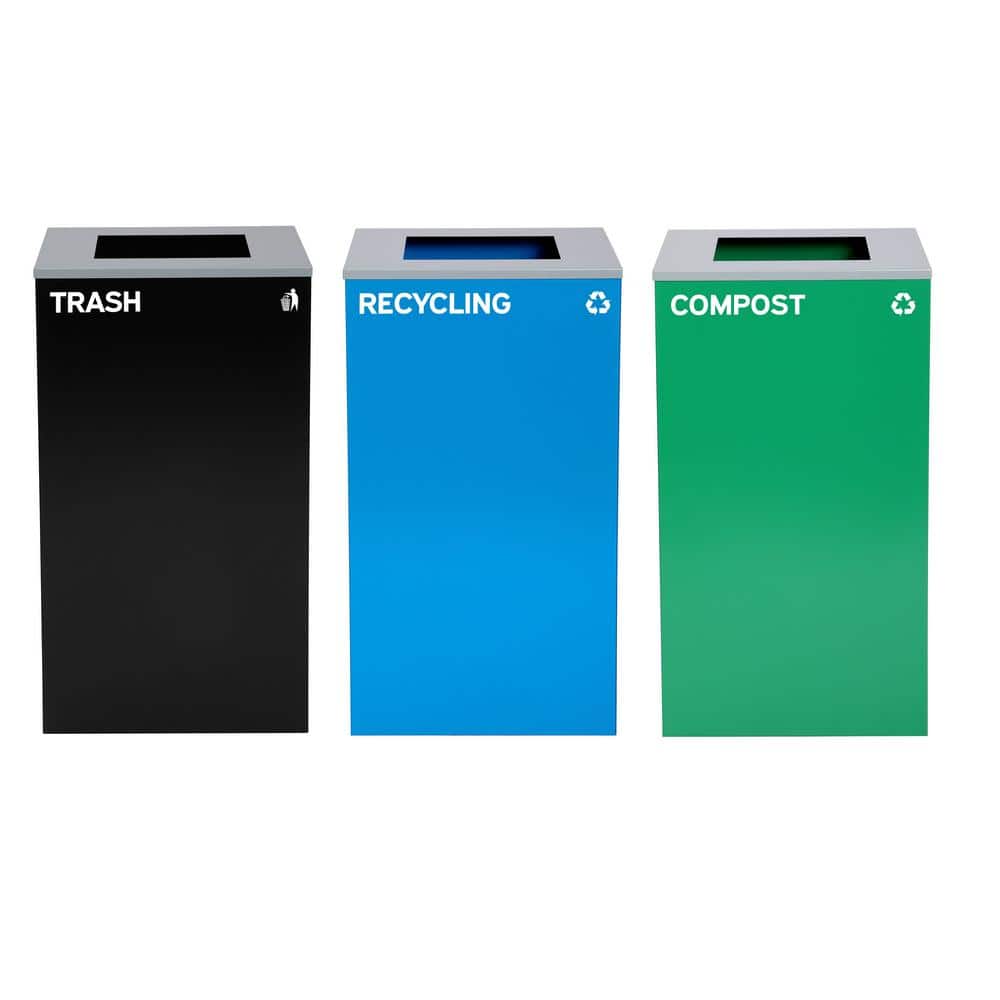 87 Gal. 3-Stream Steel Square Open Top Outdoor Trash Can and Compost Bin an