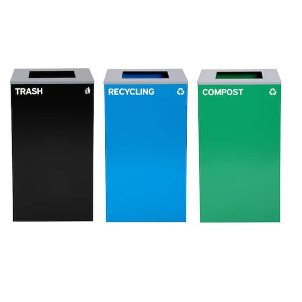 Alpine Industries 87 Gal. 3-Stream Steel Square Open Top Outdoor Trash Can and Compost Bin and Recycling Bin Station in Black, Green, Blue