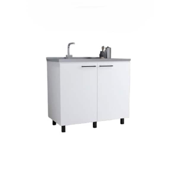39.40 in. D x 20.70 in. W Undermount Stainless Steel White Utility Sink with 2-Doors, 2-Shelves and Large Countertop