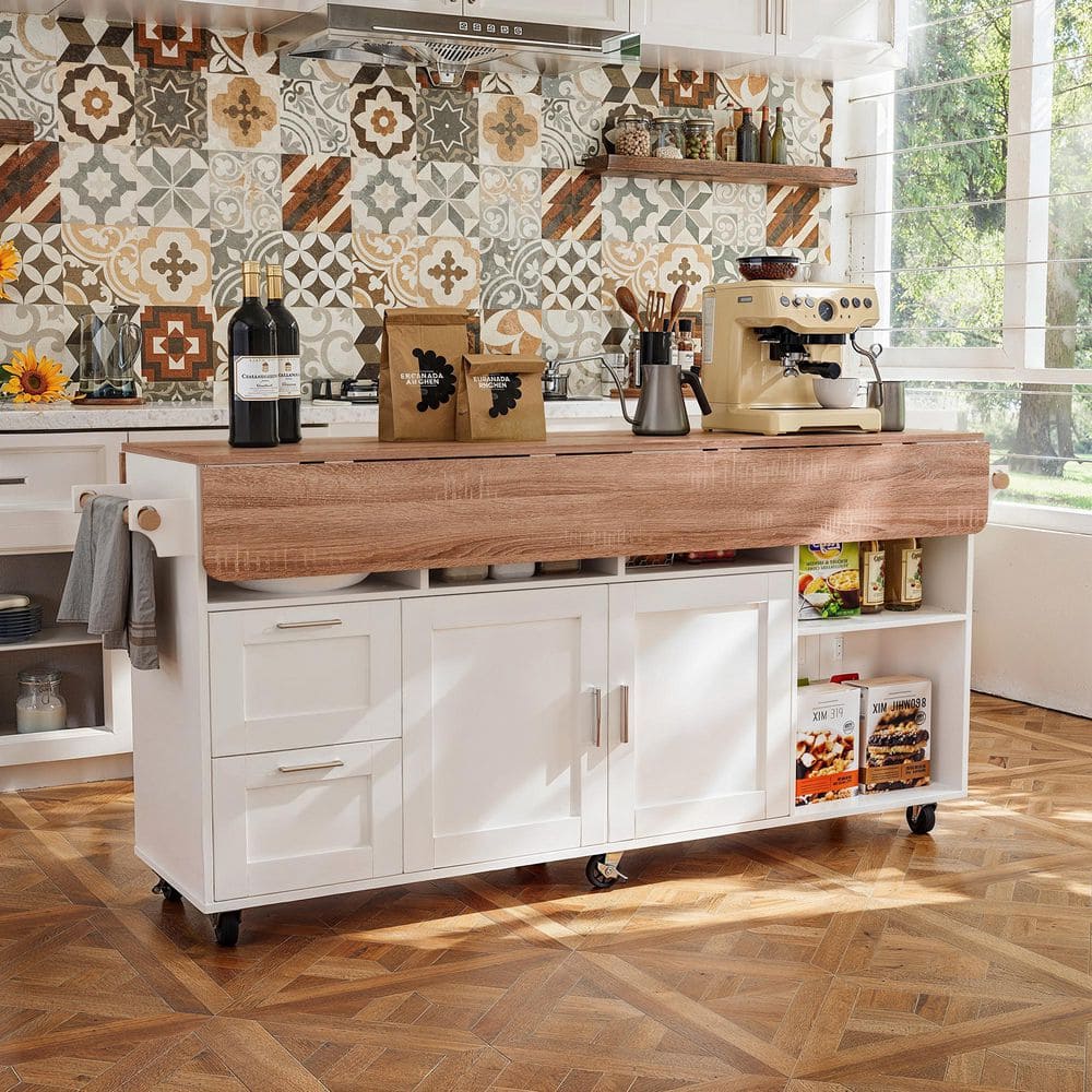 White Wood Kitchen Cart with Wood Expandable Tabletop Mobile Carts With Drawers, Adjustable Shelf, Storage(70.9 in. W)