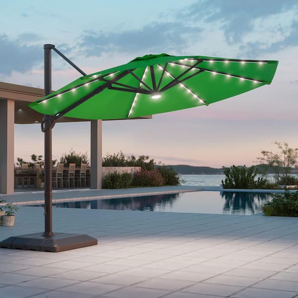 11 ft. LED Aluminum Cantilever Patio Umbrella with Outdoor Offset Rotation and a Base in Kelly Green