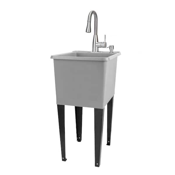 TEHILA 17.75 in. x 23.25 in. Thermoplastic Freestanding Space Saver Utility Sink in Grey - Stainless Faucet, Soap Dispenser