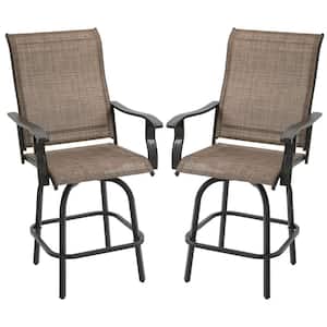 2 Piece Metal Outdoor Bar Stools, Bar Height Patio Swivel Chairs with Armrests for Balcony, Poolside, Backyard in Brown
