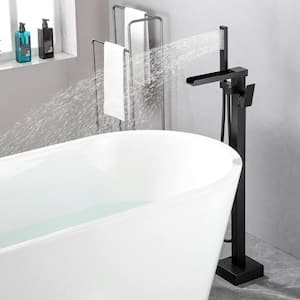 Pomelo Freestanding Floor Mount Single Handle Waterfall Tub Filler with Handheld Shower in Matte Black
