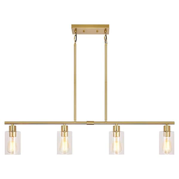 ZJVAIVE 4-Light Golden Industrial Linear Chandelier with Glass Shades for Kitchen Island with No Bulbs Included