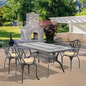 Lily Black 5-Piece Cast Aluminum Outdoor Dining Set with Rectangle Table and Dining Chairs with Random Color Cushion