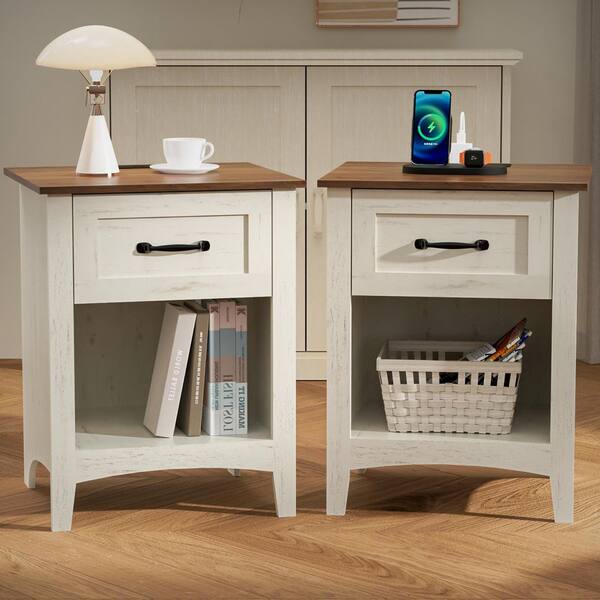 Farmhouse Rustic White 1-Drawer 17.7 in. W Nightstand with Charging Station and Open Shelf (Set of 2)