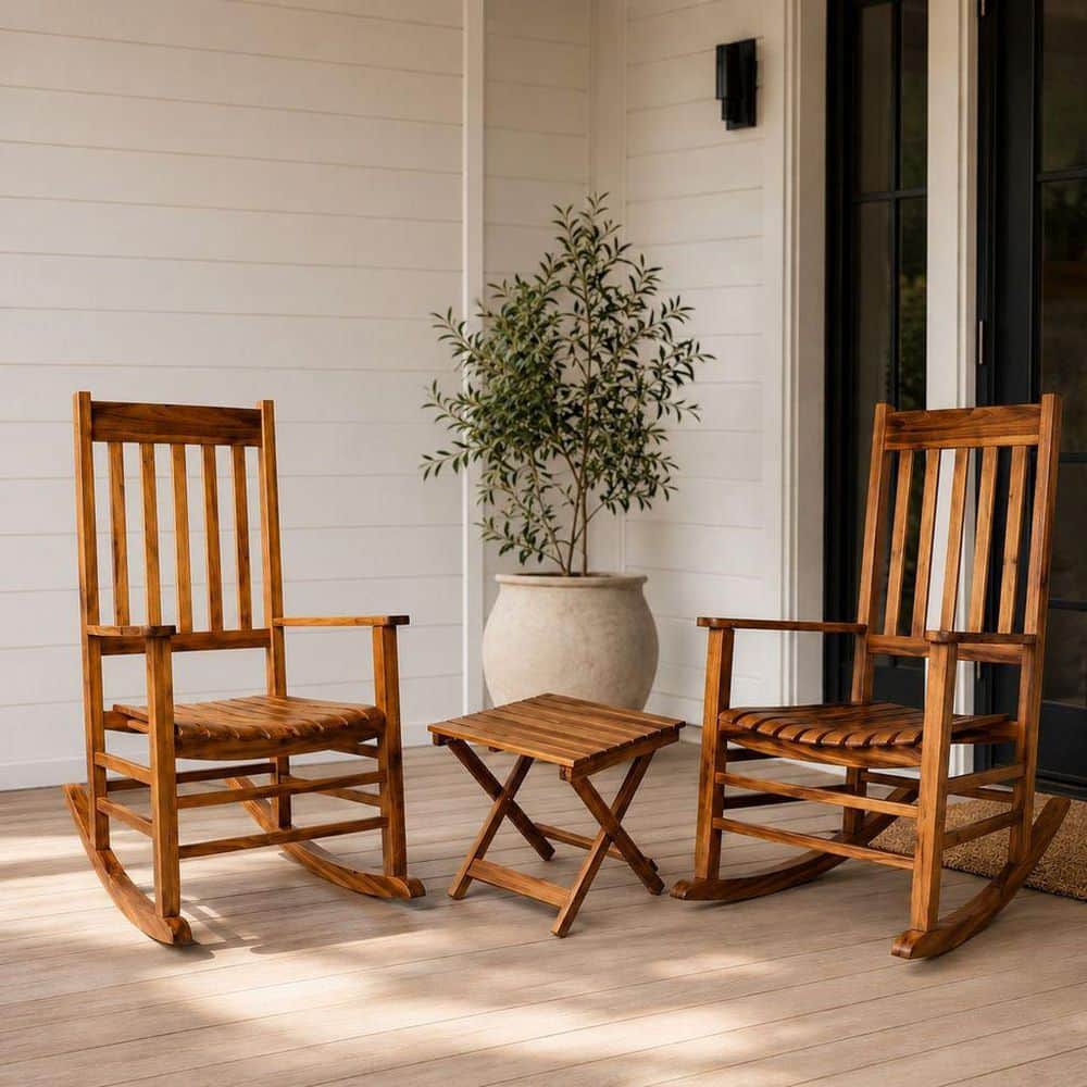 44" H Porch Rocking Chair Set with Folding Side Table, Oak Acacia Outdoor Patio Furniture Set
