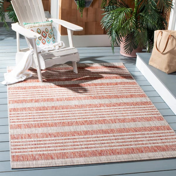 Courtyard Red/Beige 7 ft. x 10 ft. Geometric Striped Indoor/Outdoor Patio  Area Rug