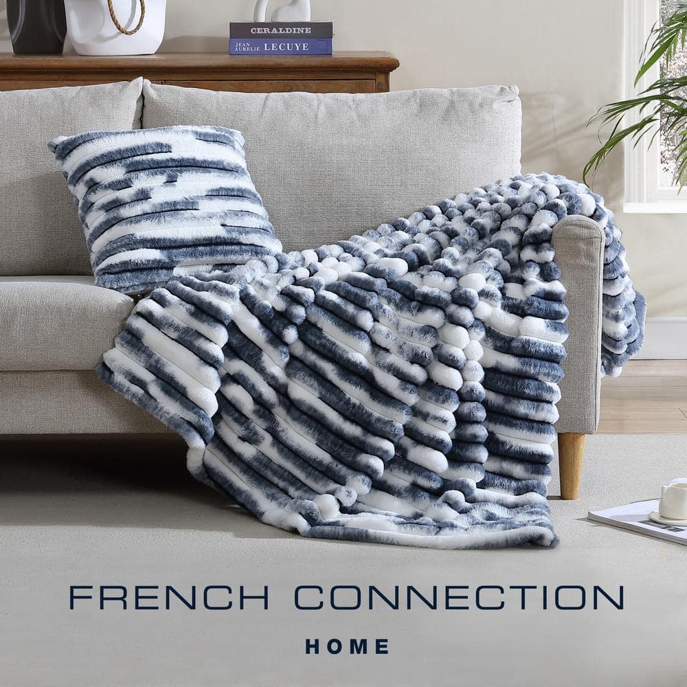 French Ribbed Blue 18" Plush Faux Fur Decorative Pillow
