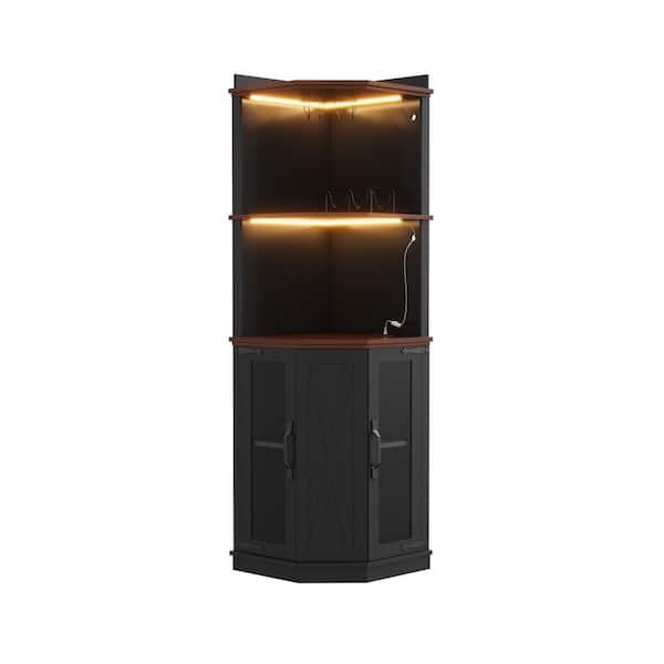 Black Wood Pantry Organizer, Corner Bar Cabinet with Power Outlet, Lights and Glass Rack