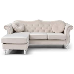 Hollywood 81 in. Round Arm Velvet Specialty Tufted L Shaped Sofa in Beige