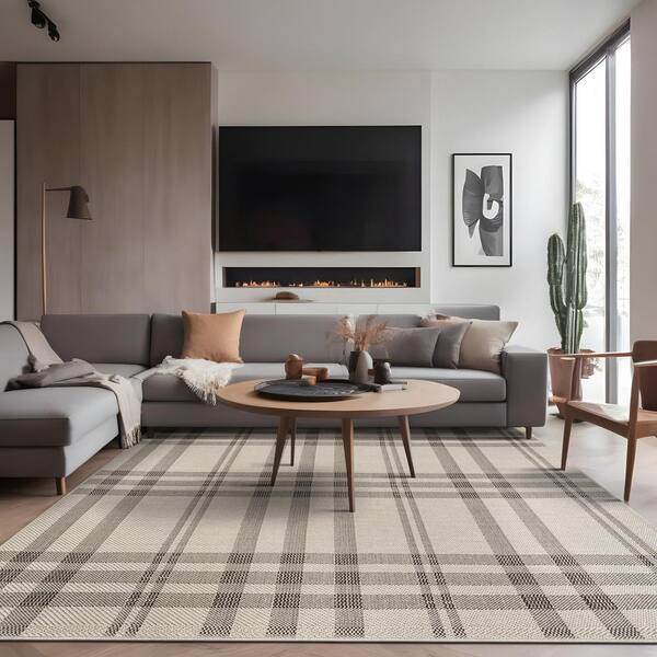 Coastal Gray/Beige 4 ft. x 6 ft. Plaid Washable Easy Jute Modern Indoor Outdoor Area Rug