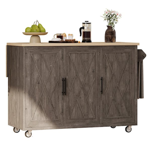 HMMHVV Brown Wood 51.2 in. Tabletop Rolling Kitchen Island with Drop Leaf and Cabinet, Kitchen Storage Cart on Wheels