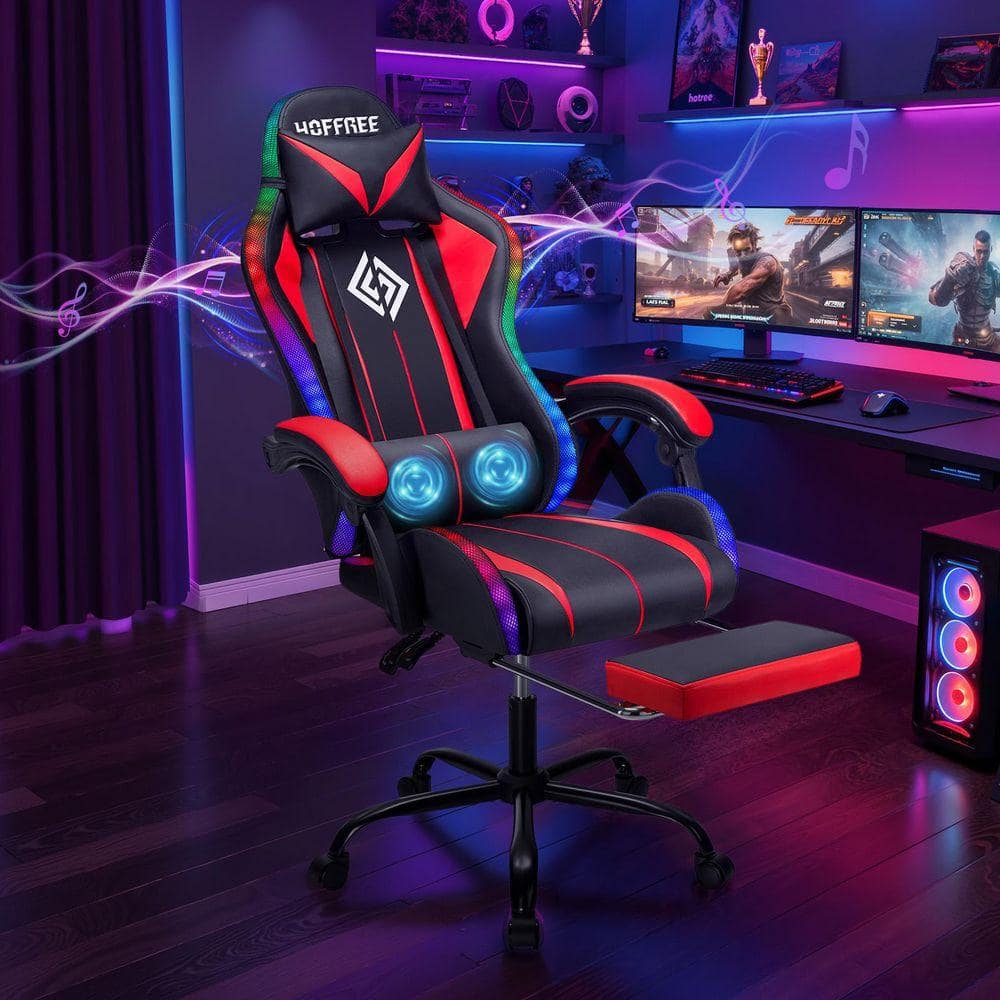 LED Faux Leather Massage Gaming Chair with Bluetooth Speakers in Black and Red with Footrest Headrest Lumbar Support