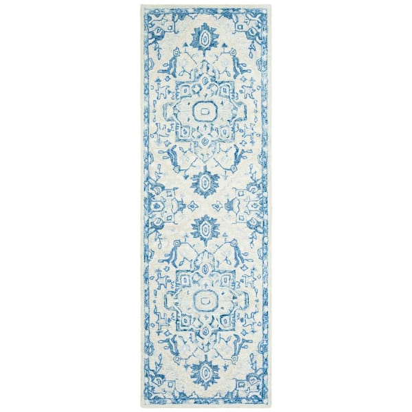 Micro-Loop Ivory/Blue 2 ft. x 13 ft. Floral Medallion Runner Rug