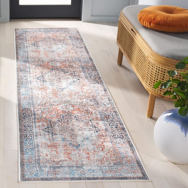 Orlando 2 ft. x 8 ft. Orange/Blue Distressed Ornate Washable Runner Rug