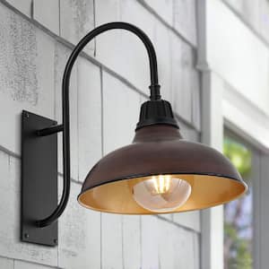 Stanley 12.25 in. Wood Finish/Copper 1-Light Farmhouse Industrial Indoor/Outdoor Iron LED Gooseneck Arm Outdoor Sconce