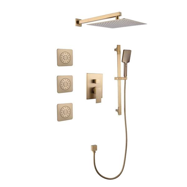 Tomfaucet Luxury Single Handle 3-Spray Patterns Shower Faucet 2.6 GPM with Body Spray in. Brushed Gold (Valve Included)