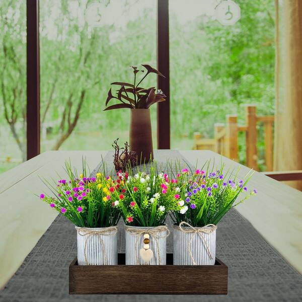 9 in. Multi-Colored Artificial Grass Flowers in Metal Pot and Wood