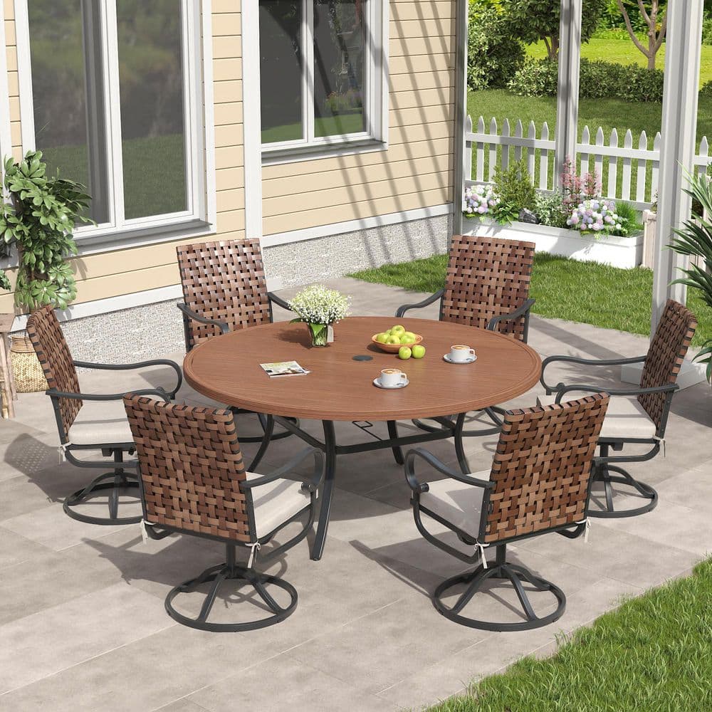 7-Piece Metal Outdoor Dining Set with 50 in. Walnut Round Dining Table and 6 Wicker Swivel Chairs with Beige Cushions price history on PriceWatchPro