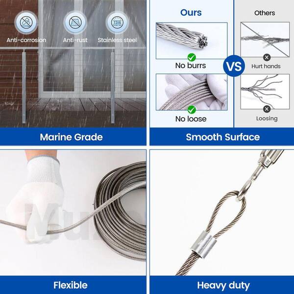 Steel DN Mate 400 Feet 1/8" T316 Marine Grade Stainless Steel Wire Cable – 7x7 Strand, 1800 Lb Breaking Strength, Includes Heavy Duty Cutter, For Cable Railing, Clotheslines, String Lights