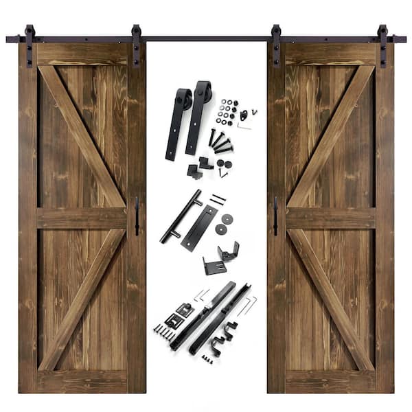 HOMACER 42 in. x 96 in. K-Frame Walnut Double Pine Wood Interior Sliding Barn Door with Hardware Kit, Non-Bypass