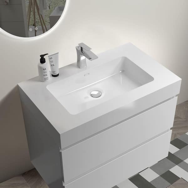 30 in. Single Sink Wall Mounted White Bath Vanity with White Solid Surface Top Pre-assembled