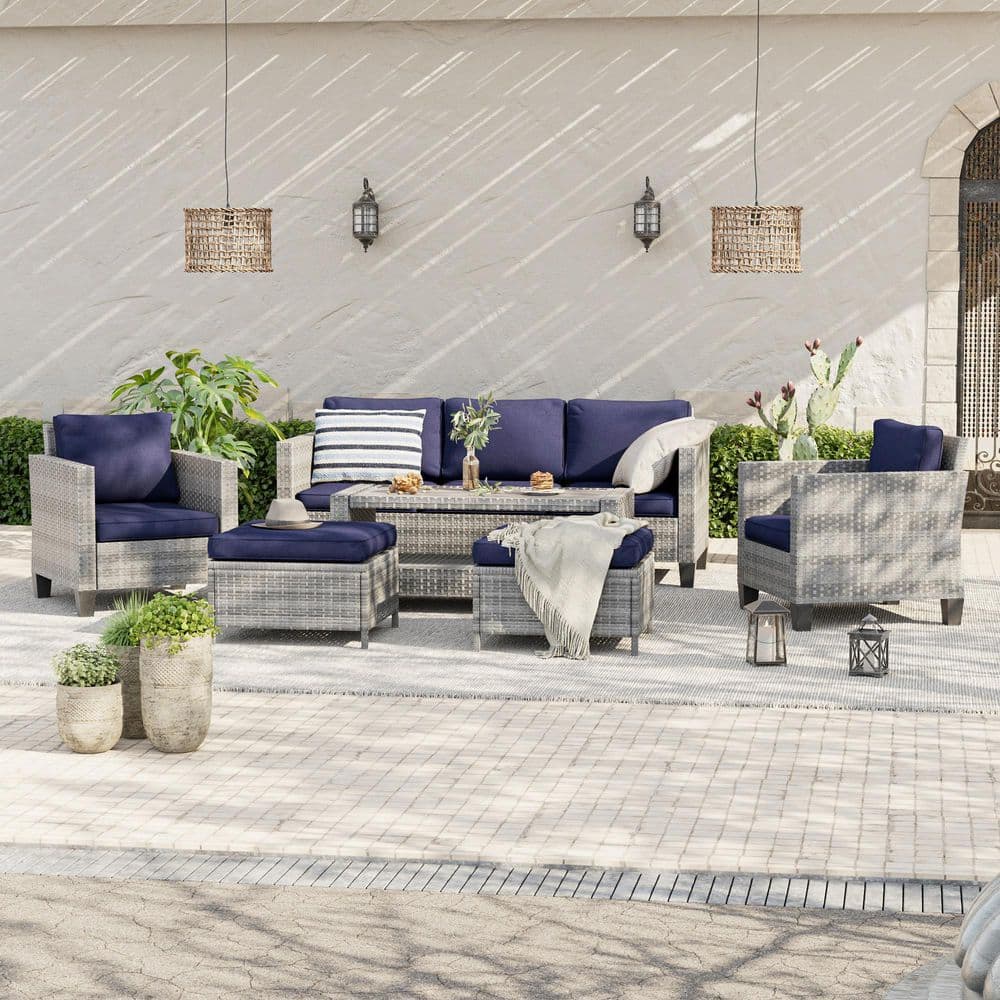 6-Piece Gray Wicker Outdoor Conversation Seating Sofa Set with Coffee Table, Navy Blue Cushions price history on PriceWatchPro