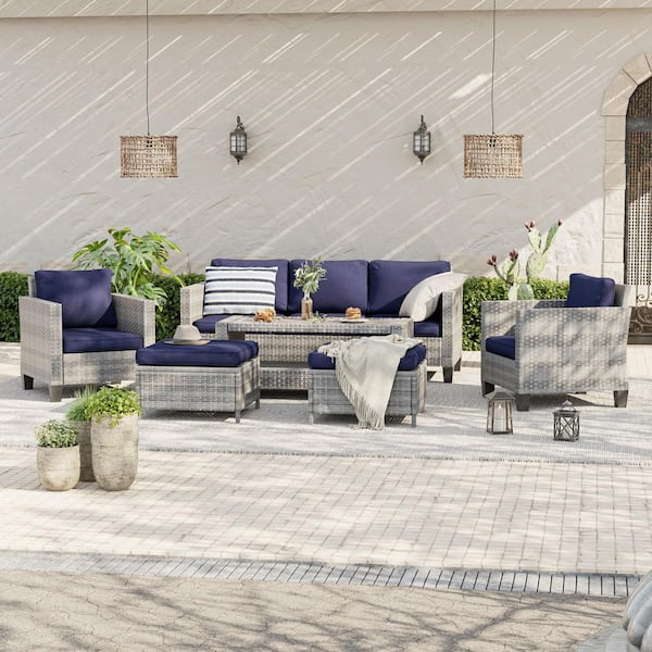 6-Piece Gray Wicker Outdoor Conversation Seating Sofa Set with Coffee Table, Navy Blue Cushions